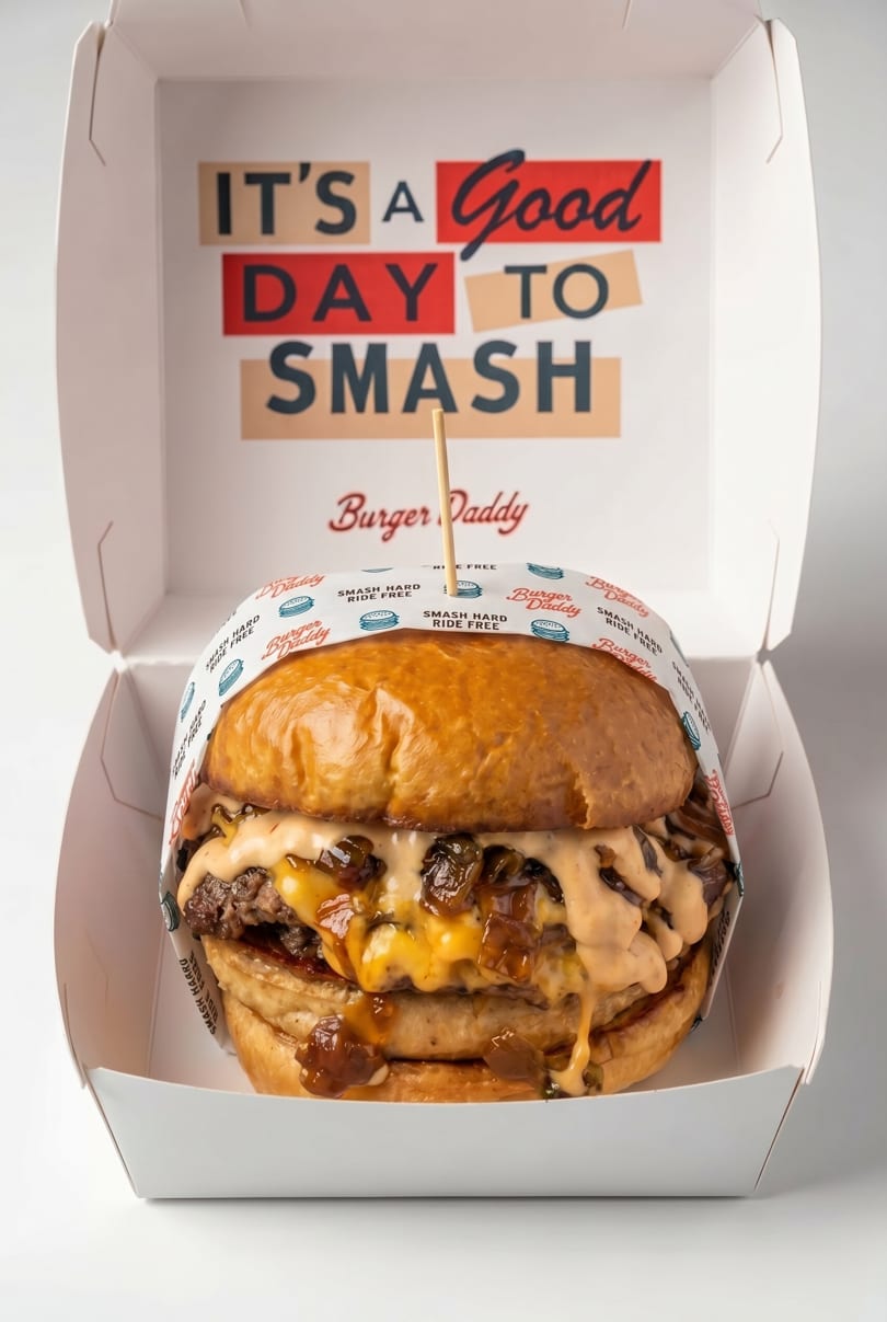 A Burger Daddy smash burger with cheese, caramelized onions, and sauce in a branded box.