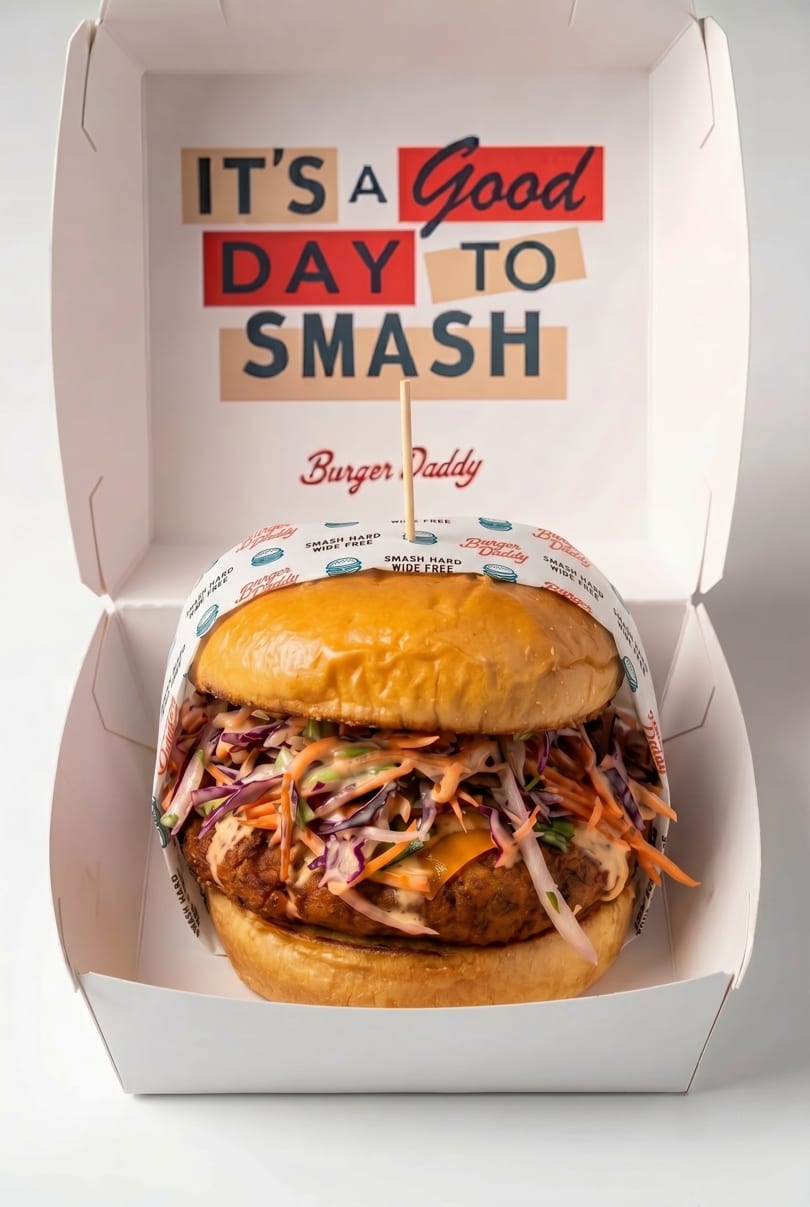 A Burger Daddy smash burger with coleslaw and cheese in a branded takeout box.