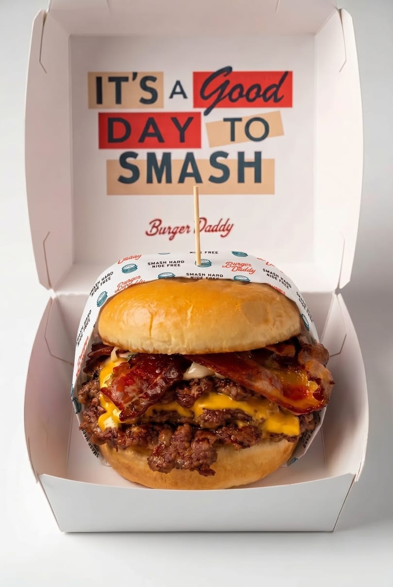 A Burger Daddy double smash burger with bacon and cheese in an open takeaway box.